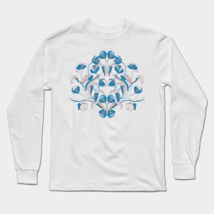 European Chinoiserie style tulips in line art. Blue and beige Long Sleeve T-Shirt